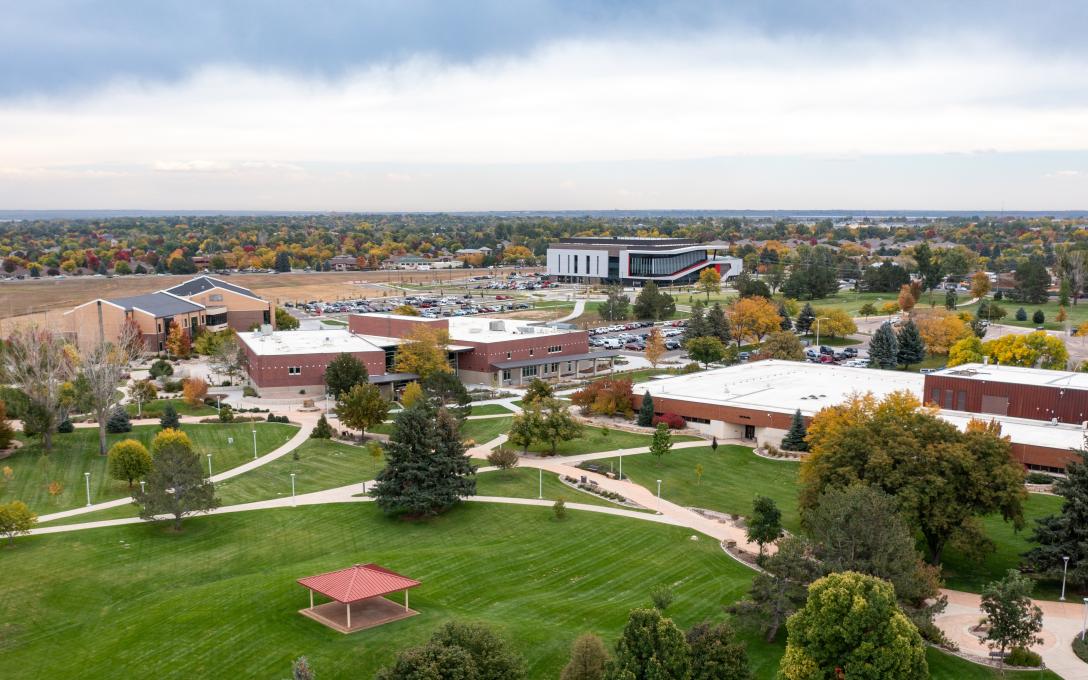 An aerial view of the Aims Community College Greeley Campus in the fall
