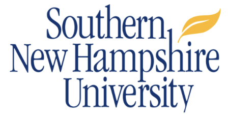 Southern New Hampshire University logo black serif type on white background with gold leaf line art in upper right corner