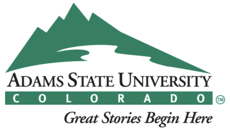 Adams State University logo white background green and white mountain word colorado in white type inside green bar and words great stories begin here