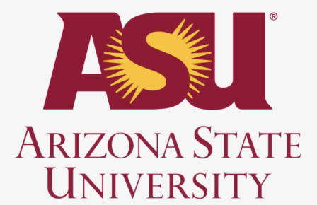 Arizona State University white background red type ASU with gold sun behind S 