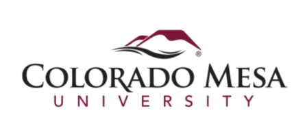 Colorado Mesa University logo black and red type on white background with mountain outline in red