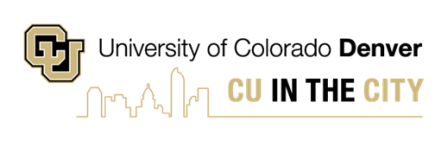 CU University of Colorado Denver logo white background with CU overlapping in gold and black letters and a city line art below with CU in the city 