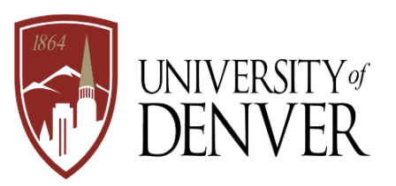 logo art white background with dark red shield emblem that has outline of white, red, gold building in foreground and white mountain edges in background with University of Denver in all caps serif font stacked to the right