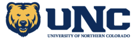 Logo art white background bear head gold with black outline on left UNC in bold serif font on right with University of Northern Colorado in black type below