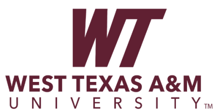 logo art letters WT in bold italic maroon type with West Texas A&M University (TM) in same color below on white background