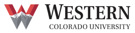 logo with letter W that has snow capped mountain illustration on bottom half and red on top half of letter and including Western Colorado University in black all-caps type